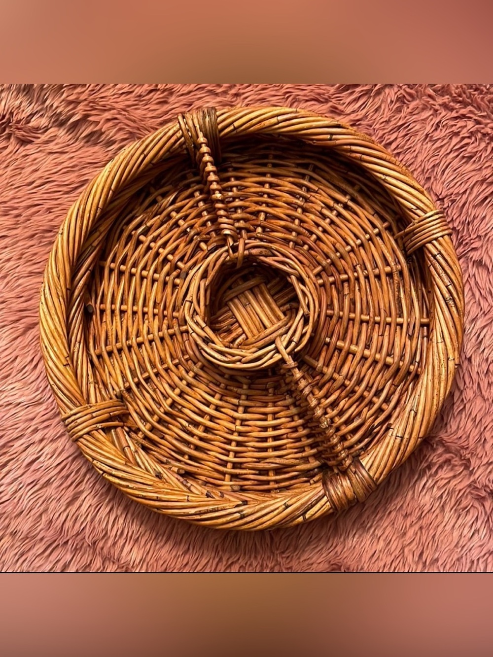 Vintage 70s 80s Woven Rattan Basket Bowl braided circular trinket serving tray